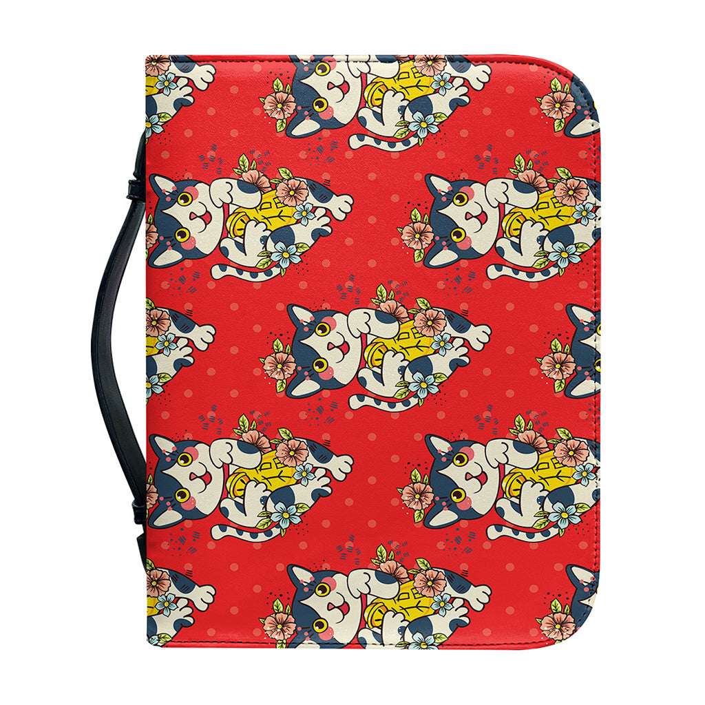 Japanese Cat Maneki Neko Pattern Print Leather Bible Cover