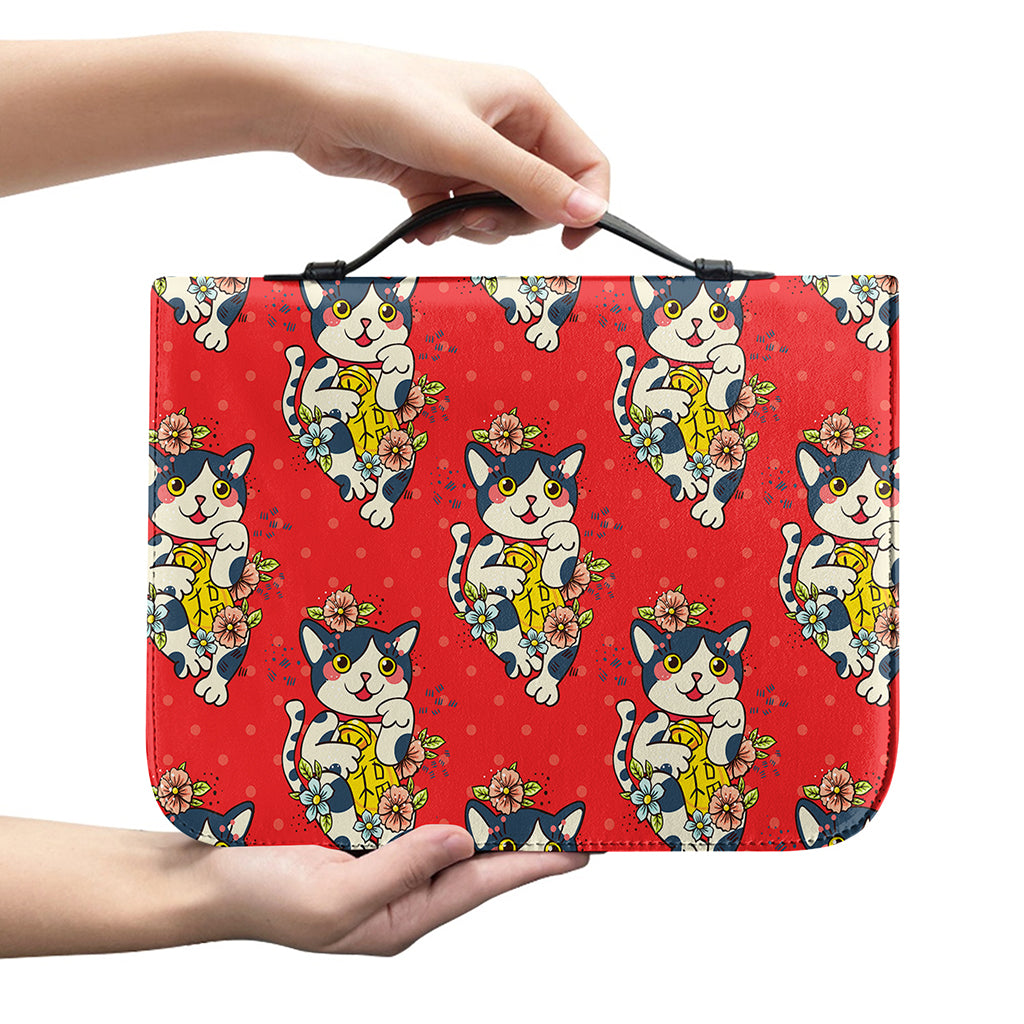 Japanese Cat Maneki Neko Pattern Print Leather Bible Cover