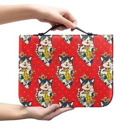 Japanese Cat Maneki Neko Pattern Print Leather Bible Cover