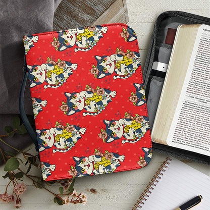 Japanese Cat Maneki Neko Pattern Print Leather Bible Cover