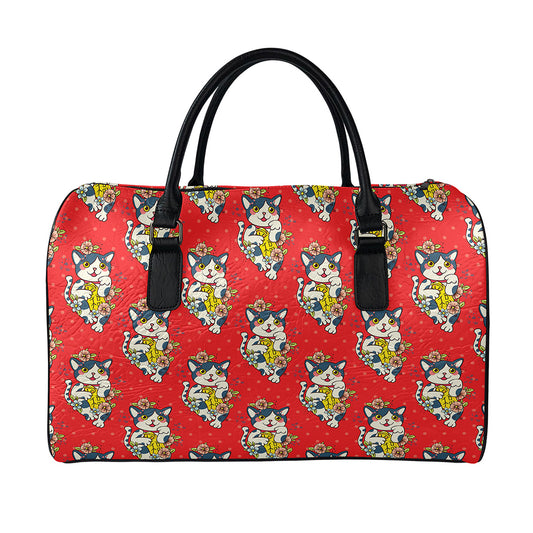 Japanese Cat Maneki Neko Pattern Print Leather Duffle Bag