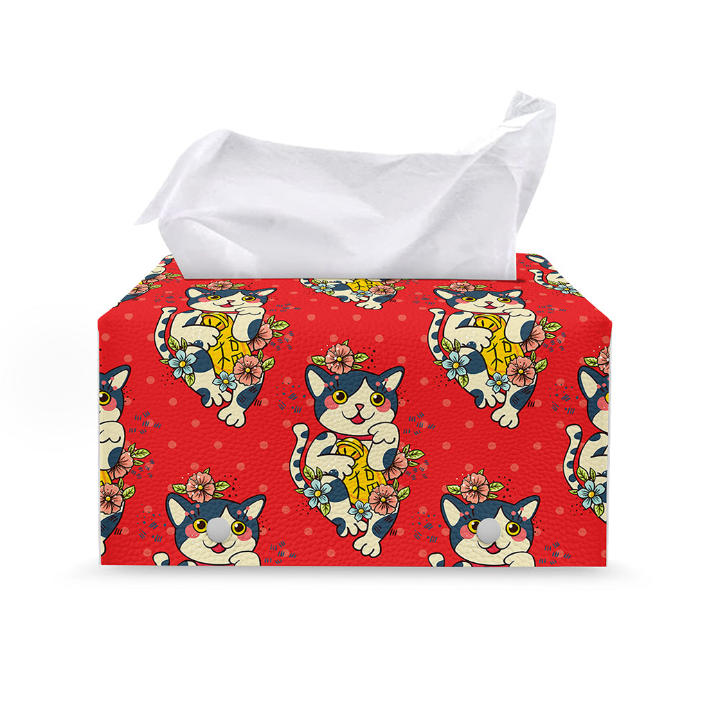 Japanese Cat Maneki Neko Pattern Print Leather Tissue Box Cover