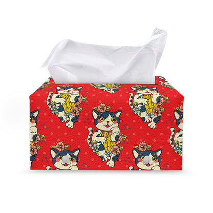 Japanese Cat Maneki Neko Pattern Print Leather Tissue Box Cover