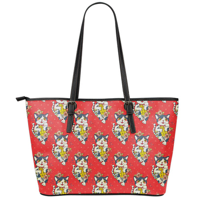 Japanese Cat Maneki Neko Pattern Print Leather Tote Bag