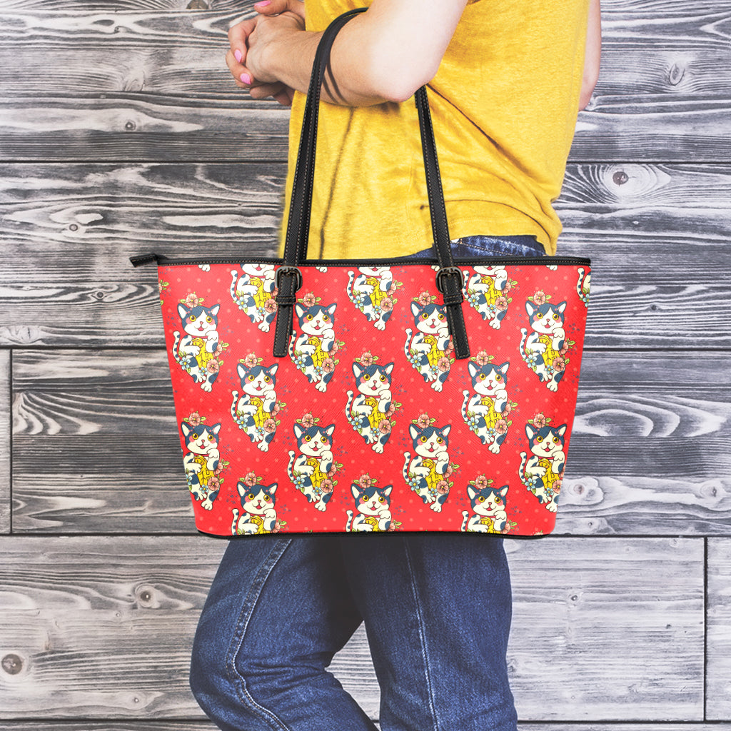 Japanese Cat Maneki Neko Pattern Print Leather Tote Bag