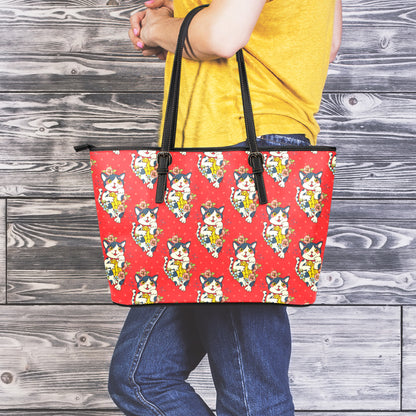 Japanese Cat Maneki Neko Pattern Print Leather Tote Bag
