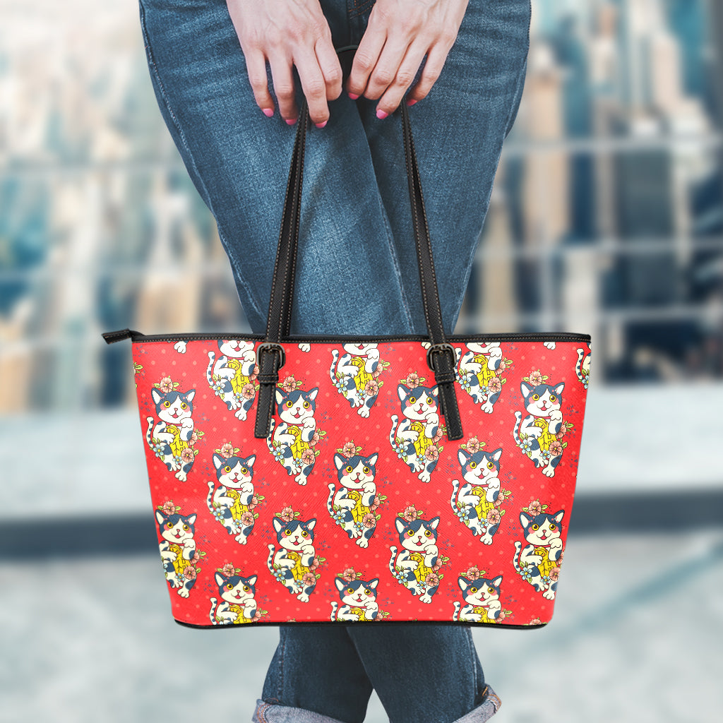 Japanese Cat Maneki Neko Pattern Print Leather Tote Bag