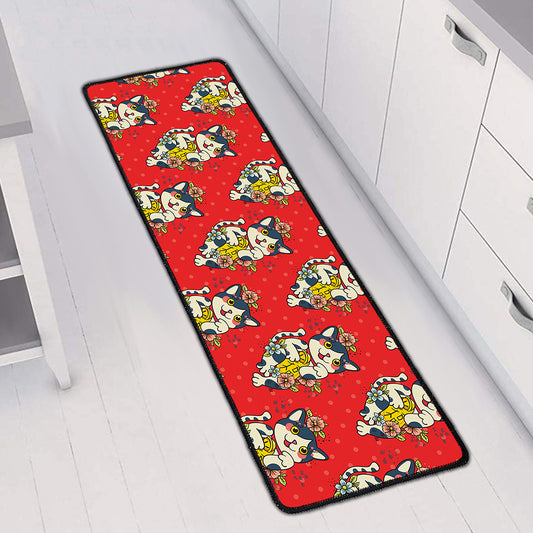 Japanese Cat Maneki Neko Pattern Print Long Kitchen Mat
