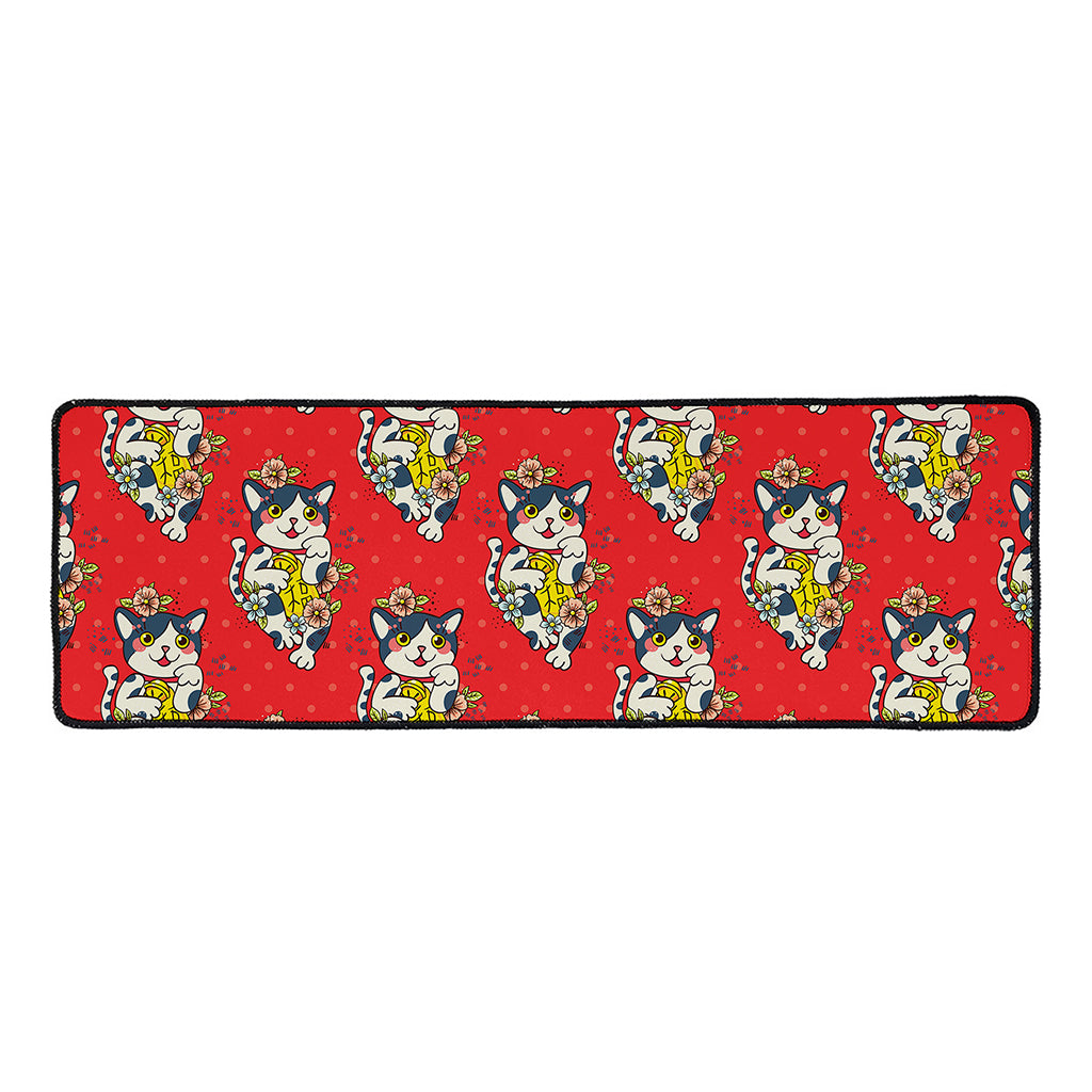 Japanese Cat Maneki Neko Pattern Print Long Kitchen Mat