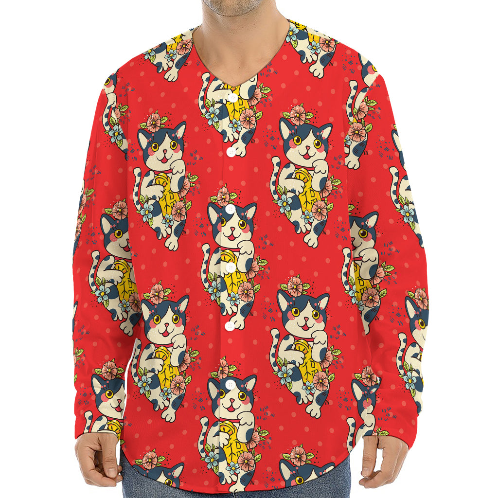 Japanese Cat Maneki Neko Pattern Print Long Sleeve Baseball Jersey