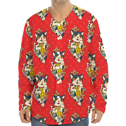 Japanese Cat Maneki Neko Pattern Print Long Sleeve Baseball Jersey