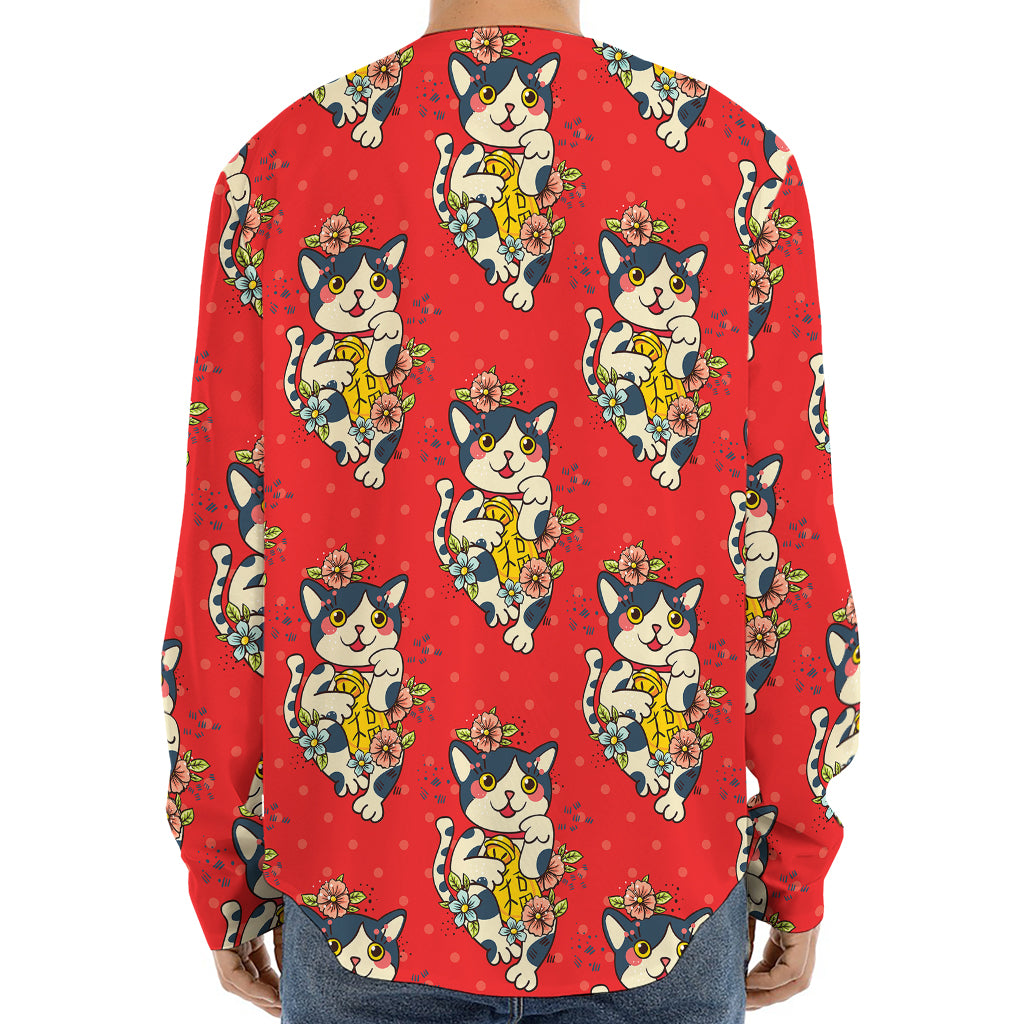 Japanese Cat Maneki Neko Pattern Print Long Sleeve Baseball Jersey
