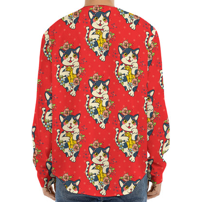 Japanese Cat Maneki Neko Pattern Print Long Sleeve Baseball Jersey