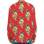 Japanese Cat Maneki Neko Pattern Print Long Sleeve Baseball Jersey