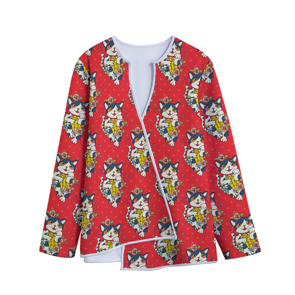 Japanese Cat Maneki Neko Pattern Print Long Sleeve Short Coat