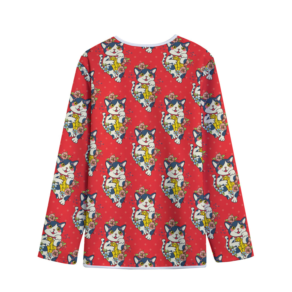 Japanese Cat Maneki Neko Pattern Print Long Sleeve Short Coat