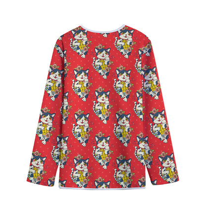 Japanese Cat Maneki Neko Pattern Print Long Sleeve Short Coat