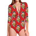 Japanese Cat Maneki Neko Pattern Print Long Sleeve Swimsuit