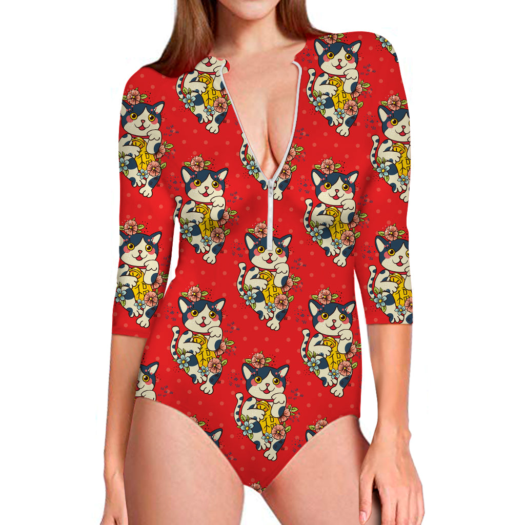 Japanese Cat Maneki Neko Pattern Print Long Sleeve Swimsuit