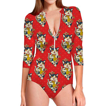 Japanese Cat Maneki Neko Pattern Print Long Sleeve Swimsuit