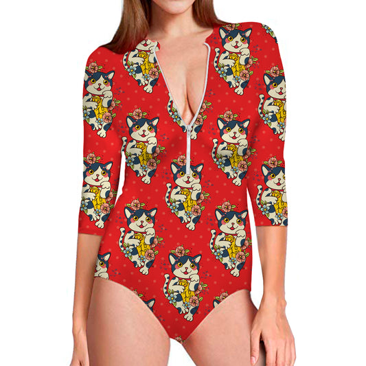 Japanese Cat Maneki Neko Pattern Print Long Sleeve Swimsuit