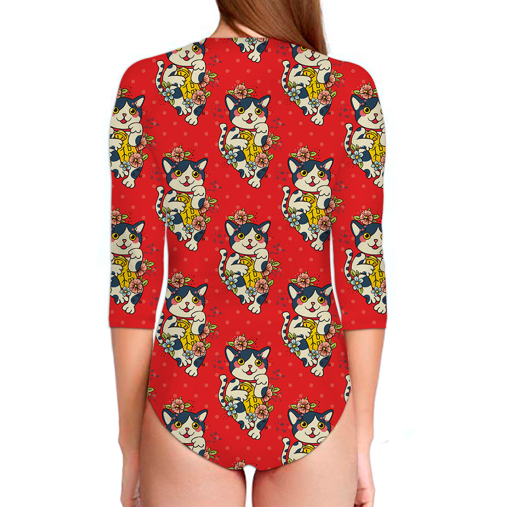 Japanese Cat Maneki Neko Pattern Print Long Sleeve Swimsuit