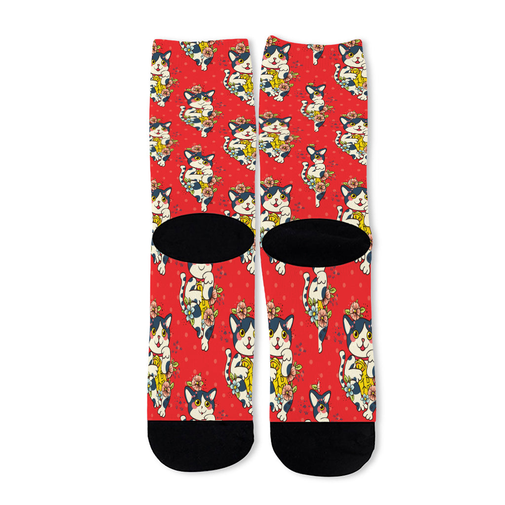 Japanese Cat Maneki Neko Pattern Print Long Socks