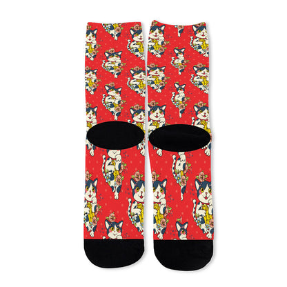 Japanese Cat Maneki Neko Pattern Print Long Socks