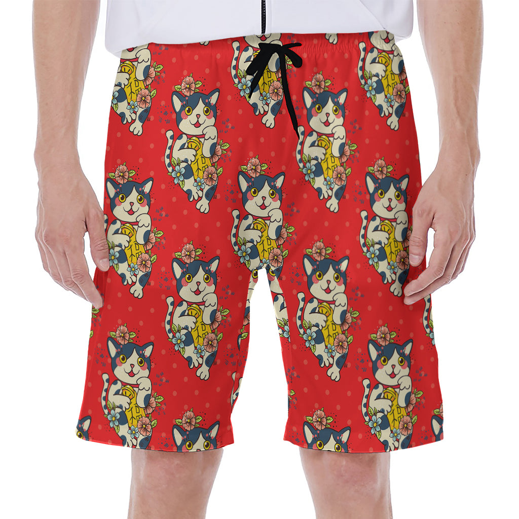 Japanese Cat Maneki Neko Pattern Print Men's Beach Shorts