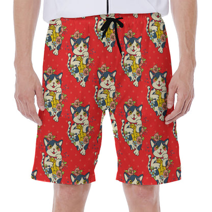 Japanese Cat Maneki Neko Pattern Print Men's Beach Shorts