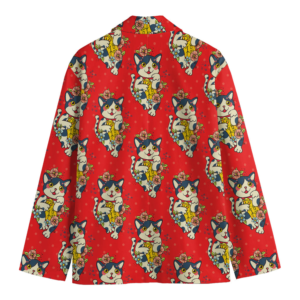 Japanese Cat Maneki Neko Pattern Print Men's Blazer