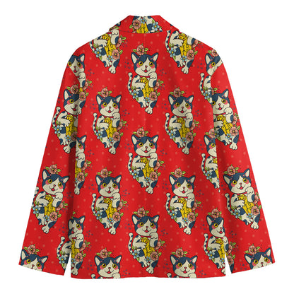 Japanese Cat Maneki Neko Pattern Print Men's Blazer
