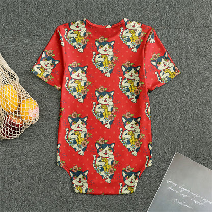 Japanese Cat Maneki Neko Pattern Print Men's Bodysuit