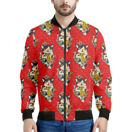 Japanese Cat Maneki Neko Pattern Print Men's Bomber Jacket