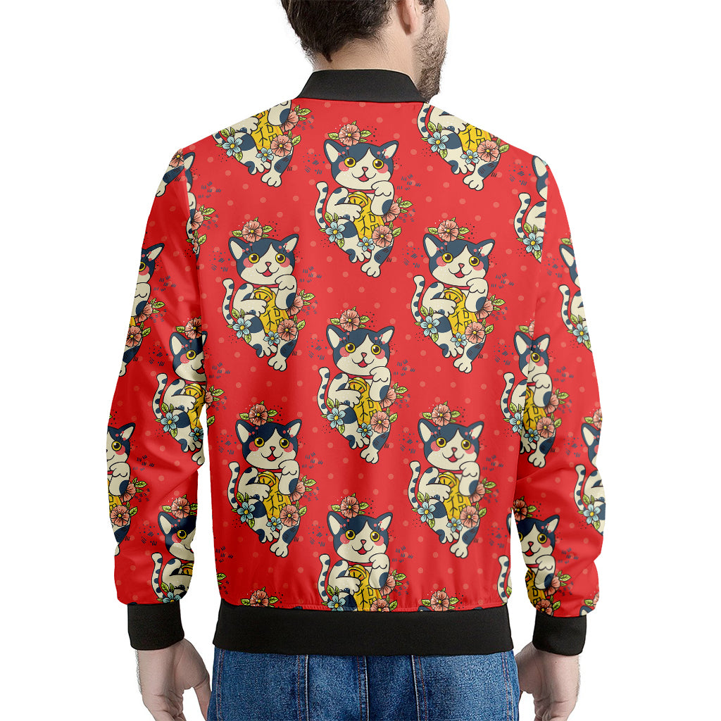 Japanese Cat Maneki Neko Pattern Print Men's Bomber Jacket