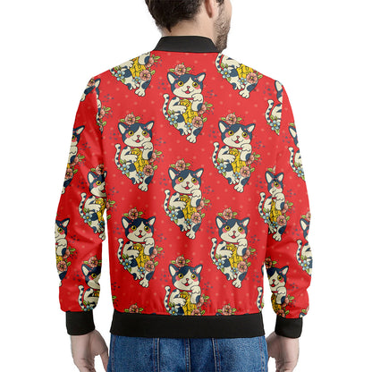 Japanese Cat Maneki Neko Pattern Print Men's Bomber Jacket