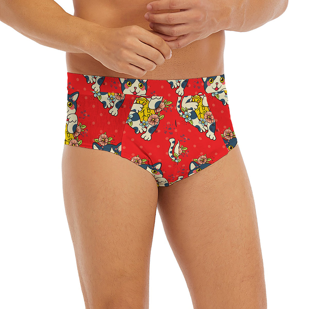 Japanese Cat Maneki Neko Pattern Print Men's Briefs