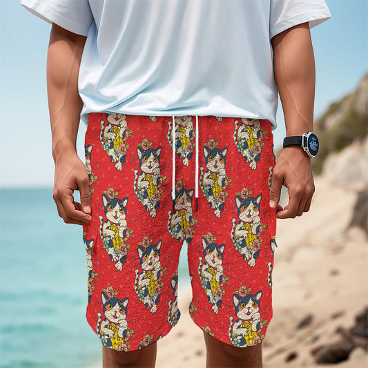 Japanese Cat Maneki Neko Pattern Print Men's Cargo Shorts
