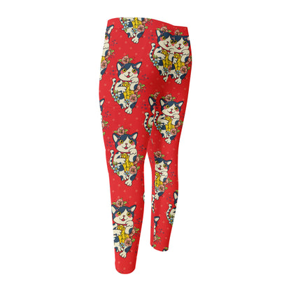 Japanese Cat Maneki Neko Pattern Print Men's Compression Pants
