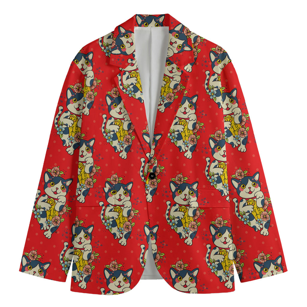Japanese Cat Maneki Neko Pattern Print Men's Cotton Blazer