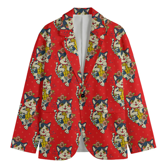 Japanese Cat Maneki Neko Pattern Print Men's Cotton Blazer