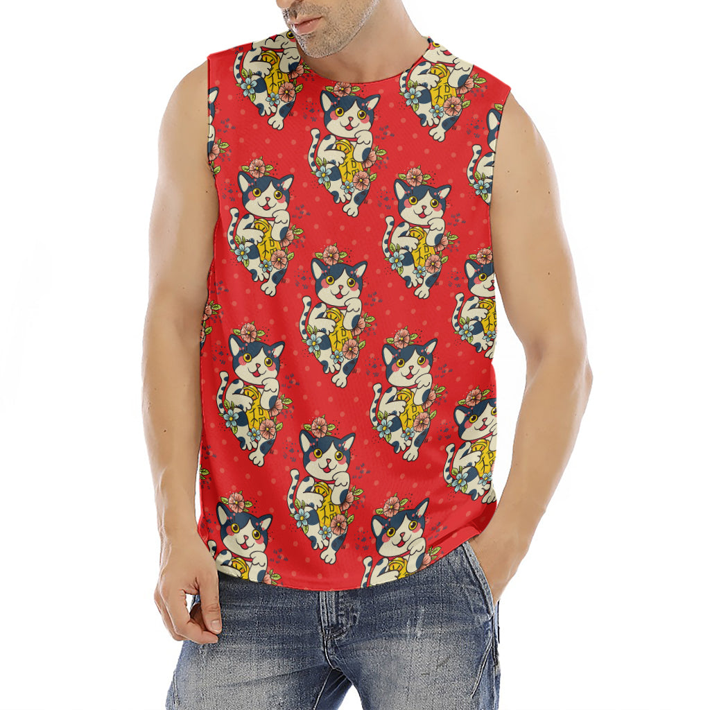Japanese Cat Maneki Neko Pattern Print Men's Fitness Tank Top