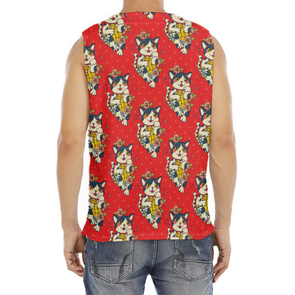 Japanese Cat Maneki Neko Pattern Print Men's Fitness Tank Top