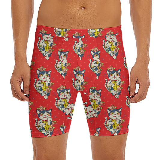 Japanese Cat Maneki Neko Pattern Print Men's Long Boxer Briefs