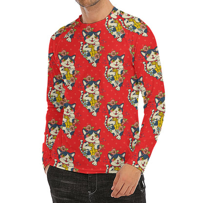 Japanese Cat Maneki Neko Pattern Print Men's Long Sleeve Rash Guard