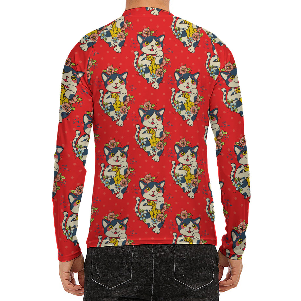 Japanese Cat Maneki Neko Pattern Print Men's Long Sleeve Rash Guard