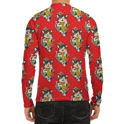 Japanese Cat Maneki Neko Pattern Print Men's Long Sleeve Rash Guard