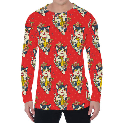 Japanese Cat Maneki Neko Pattern Print Men's Long Sleeve T-Shirt