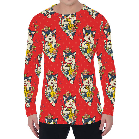 Japanese Cat Maneki Neko Pattern Print Men's Long Sleeve T-Shirt