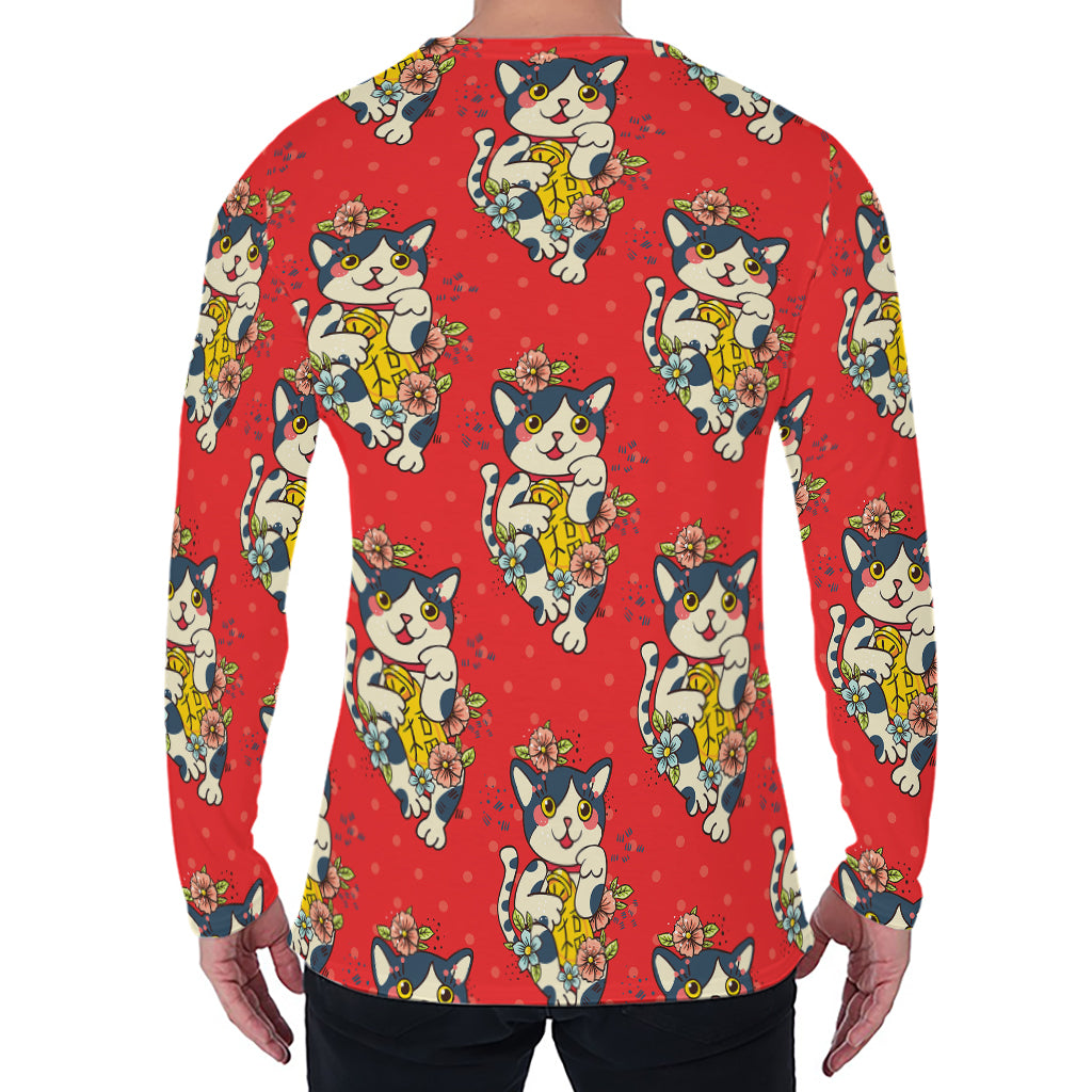 Japanese Cat Maneki Neko Pattern Print Men's Long Sleeve T-Shirt